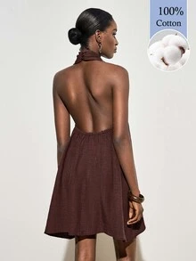 Zivah Women's Solid Color Casual Minimalist Elegant Daily Summer Mini Halter Neck Dress Beach Vacation Dark Brown 100 Cotton - Brown - View 3