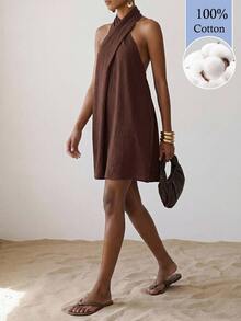 Zivah Women's Solid Color Casual Minimalist Elegant Daily Summer Mini Halter Neck Dress Beach Vacation Dark Brown 100 Cotton - Brown - View 7