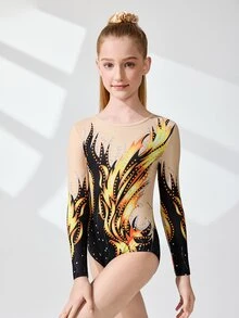 SHEIN 青少年女孩黑色圖案印花網格長袖連身舞衣，高彈性體操舞服，適用健身操表演、比賽、夏季運動訓練 - 彩色 - 查看 3