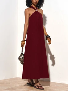 Zivah Women's Burgundy Summer Elegant Vacation Holiday Sleeveless Halter Ruched Linen Maxi Dress With Metal Decor,Perfect For Party,Wedding Guest&Beach - Burgundy - View 9