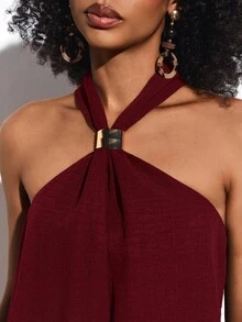 Zivah Women's Burgundy Summer Elegant Vacation Holiday Sleeveless Halter Ruched Linen Maxi Dress With Metal Decor,Perfect For Party,Wedding Guest&Beach - Burgundy - View 8