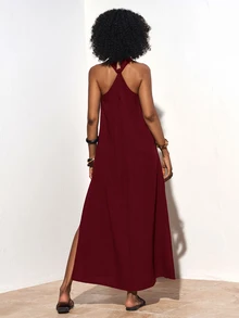 Zivah Women's Burgundy Summer Elegant Vacation Holiday Sleeveless Halter Ruched Linen Maxi Dress With Metal Decor,Perfect For Party,Wedding Guest&Beach - Burgundy - View 6