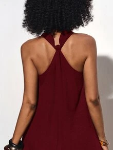 Zivah Women's Burgundy Summer Elegant Vacation Holiday Sleeveless Halter Ruched Linen Maxi Dress With Metal Decor,Perfect For Party,Wedding Guest&Beach - Burgundy - View 2