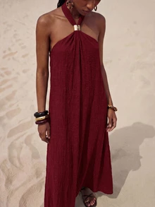 Zivah Women's Burgundy Summer Elegant Vacation Holiday Sleeveless Halter Ruched Linen Maxi Dress With Metal Decor,Perfect For Party,Wedding Guest&Beach - Burgundy - View 7