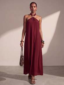 Zivah Women's Burgundy Summer Elegant Vacation Holiday Sleeveless Halter Ruched Linen Maxi Dress With Metal Decor,Perfect For Party,Wedding Guest&Beach - Burgundy - View 1