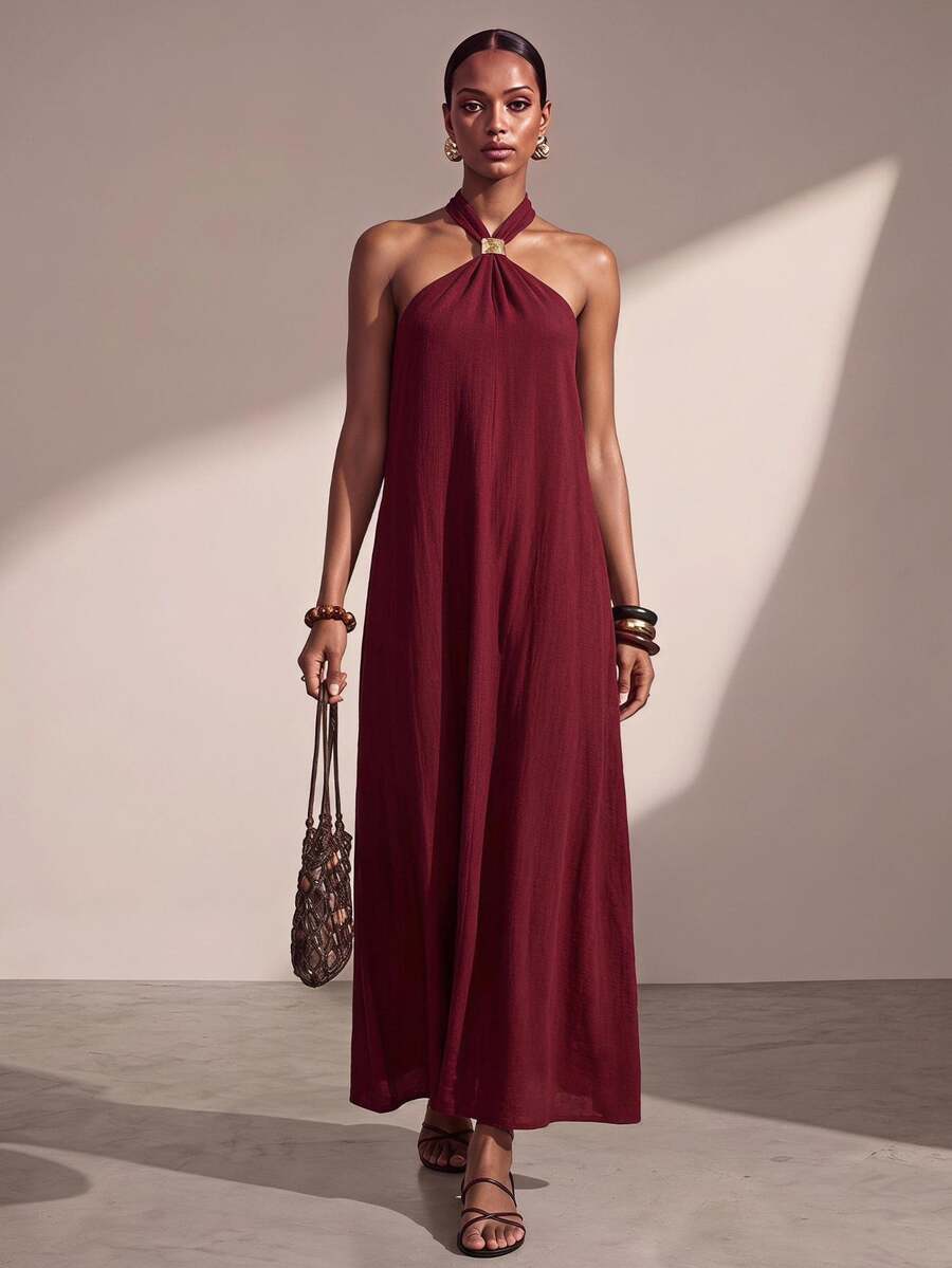 Zivah Women's Burgundy Summer Elegant Vacation Holiday Sleeveless Halter Ruched Linen Maxi Dress With Metal Decor,Perfect For Party,Wedding Guest&Beach - Burgundy - View 1