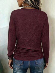 Áo thun nữ thời trang cơ bản cổ chữ V tay cánh dơi dài, gấu nhún, màu đỏ rượu vang - Màu Đỏ Sâu - Xem 2
