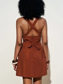Zivah Rust Brown Summer Boho Casual Picnic Vacation Women's Spaghetti Strap Criss-Cross Backless Mini Dress Vintage Bohemian Holiday Sundress - Brown - View 3