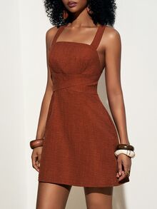 Zivah Rust Brown Summer Boho Casual Picnic Vacation Women's Spaghetti Strap Criss-Cross Backless Mini Dress Vintage Bohemian Holiday Sundress - Brown - View 4