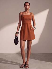 Zivah Rust Brown Summer Boho Casual Picnic Vacation Women's Spaghetti Strap Criss-Cross Backless Mini Dress Vintage Bohemian Holiday Sundress - Brown - View 2