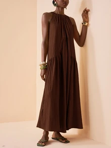 Zivah Women's Solid Color Pleated Casual Party & Travel Dress,Summer Dresses For Women - Brown - View 8