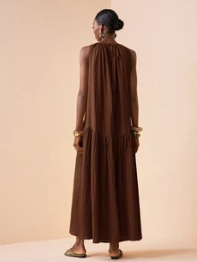 Zivah Women's Solid Color Pleated Casual Party & Travel Dress,Summer Dresses For Women - Brown - View 3