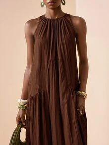 Zivah Women's Solid Color Pleated Casual Party & Travel Dress,Summer Dresses For Women - Brown - View 7