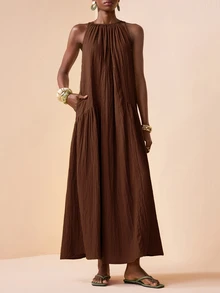 Zivah Women's Solid Color Pleated Casual Party & Travel Dress,Summer Dresses For Women - Brown - View 5