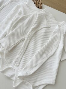 SHEIN 3件組新生女嬰和服連身衣 羅紋針織側開扣純色亮白色長袖V領可愛甜美休閒夏季Katseye Y2K基本款 - 白色 - 查看 6