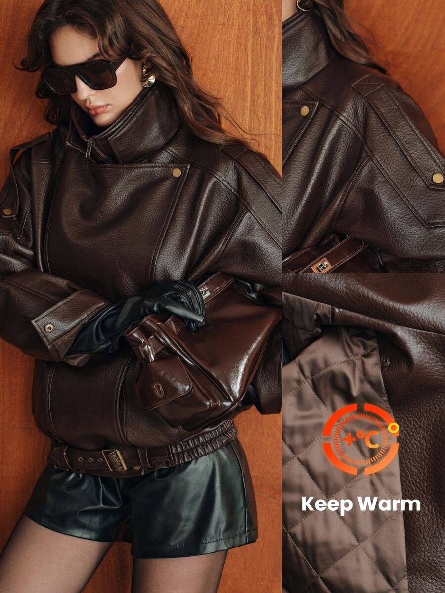 Anewsta Women's Autumn/Winter Modern Chic Premium Street Style Padded Lychee Textured Leather Large Lapel Asymmetric Zipper Motorcycle Jacket - Coffee Brown - View 1