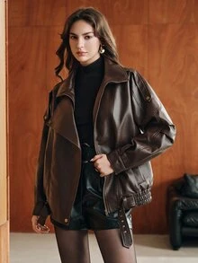 Anewsta Women's Autumn/Winter Modern Chic Premium Street Style Padded Lychee Textured Leather Large Lapel Asymmetric Zipper Motorcycle Jacket - Coffee Brown - View 4