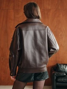 Anewsta Women's Autumn/Winter Modern Chic Premium Street Style Padded Lychee Textured Leather Large Lapel Asymmetric Zipper Motorcycle Jacket - Coffee Brown - View 7