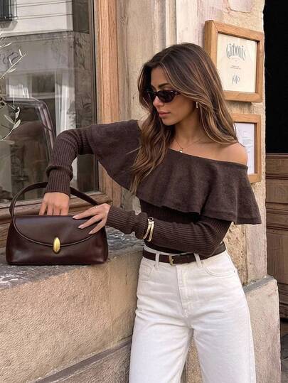 Serisse Women's Elegant Chocolate Brown Off The Shoulder Ruffle FlounceOverlay Ribbed Slim Fit Long Sleeve Knit SweaterFallWork Casual Going OutVacationParty