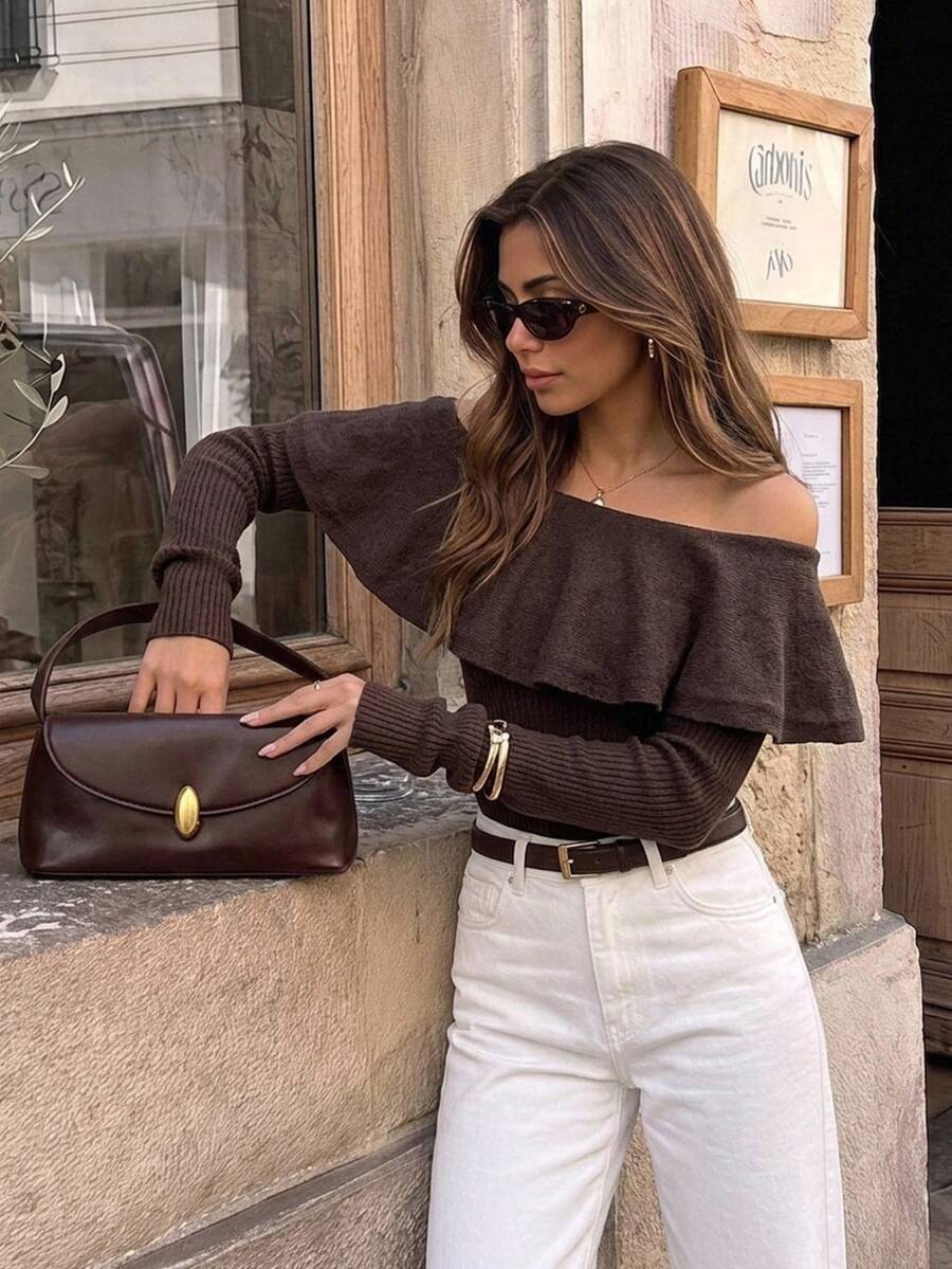 Serisse كنزة صوفية نسائية أنيقة باللون البني الشوكولاتة، مكشوفة الكتفين مع كشكشة وتراكب مضلع، ضيقة الملاءمة، بأكمام طويلة، مناسبة للخريف والعمل والكاجوال والخروج والعطلات والحفلات - بني - مشاهدة 1