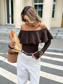 Serisse كنزة صوفية نسائية أنيقة باللون البني الشوكولاتة، مكشوفة الكتفين مع كشكشة وتراكب مضلع، ضيقة الملاءمة، بأكمام طويلة، مناسبة للخريف والعمل والكاجوال والخروج والعطلات والحفلات - بني - مشاهدة 4