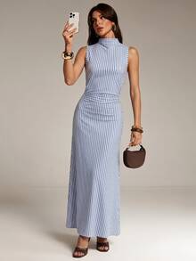 SHEIN Tall Blue Striped Slim-Fit Long Dress For Tall Women – Casual Workwear/Commuter Style - Blue - View 1