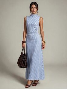 SHEIN Tall Blue Striped Slim-Fit Long Dress For Tall Women – Casual Workwear/Commuter Style - Blue - View 7