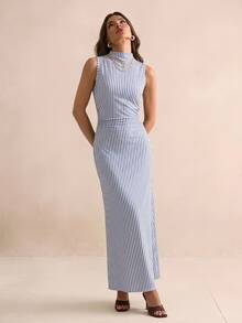 SHEIN Tall Blue Striped Slim-Fit Long Dress For Tall Women – Casual Workwear/Commuter Style - Blue - View 4