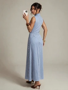 SHEIN Tall Blue Striped Slim-Fit Long Dress For Tall Women – Casual Workwear/Commuter Style - Blue - View 2