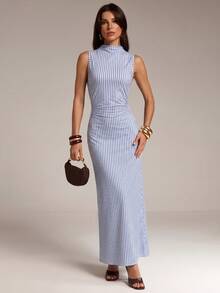 SHEIN Tall Blue Striped Slim-Fit Long Dress For Tall Women – Casual Workwear/Commuter Style - Blue - View 3
