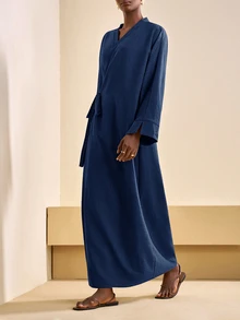 Zivah Women's Elegant Minimalist Modest Navy Blue Fall Long Sleeve Dress Old Money Style V-Neck Wrap Lace Loose Casual Party Brunch Dinner Everyday Al-Adha - Navy Blue - View 4