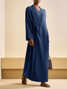 Zivah Women's Elegant Minimalist Modest Navy Blue Fall Long Sleeve Dress Old Money Style V-Neck Wrap Lace Loose Casual Party Brunch Dinner Everyday Al-Adha - Navy Blue - View 7