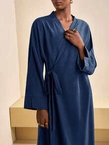 Zivah Women's Elegant Minimalist Modest Navy Blue Fall Long Sleeve Dress Old Money Style V-Neck Wrap Lace Loose Casual Party Brunch Dinner Everyday Al-Adha - Navy Blue - View 6