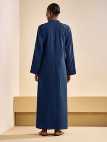 Zivah Women's Elegant Minimalist Modest Navy Blue Fall Long Sleeve Dress Old Money Style V-Neck Wrap Lace Loose Casual Party Brunch Dinner Everyday Al-Adha - Navy Blue - View 3