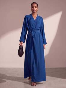 Zivah Women's Elegant Minimalist Modest Navy Blue Fall Long Sleeve Dress Old Money Style V-Neck Wrap Lace Loose Casual Party Brunch Dinner Everyday Al-Adha - Navy Blue - View 2