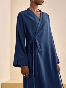 Zivah Women's Elegant Minimalist Modest Navy Blue Fall Long Sleeve Dress Old Money Style V-Neck Wrap Lace Loose Casual Party Brunch Dinner Everyday Al-Adha - Navy Blue - View 8