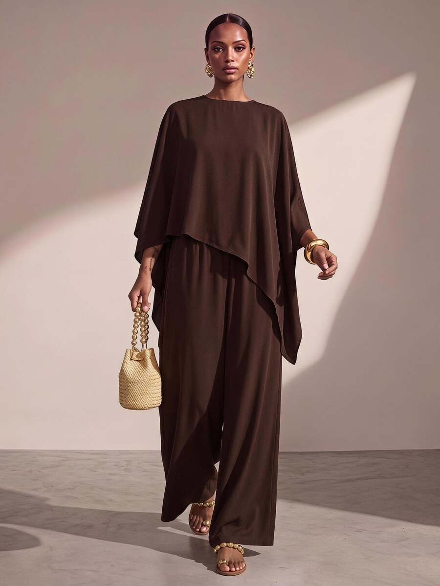 Zivah New Commuting Loose Cape Asymmetrical Top + Wide-Leg Trousers Women's Two Pieces Set - Rust Brown - View 1