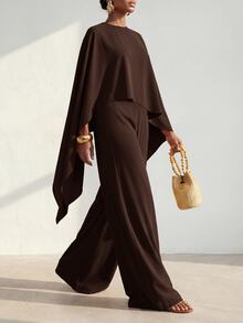 Zivah New Commuting Loose Cape Asymmetrical Top + Wide-Leg Trousers Women's Two Pieces Set - Rust Brown - View 2