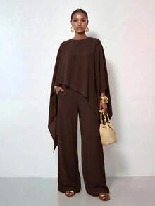 Zivah New Commuting Loose Cape Asymmetrical Top + Wide-Leg Trousers Women's Two Pieces Set - Rust Brown - View 6