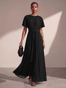 Zivah Women's Solid Color Round Neck Short Sleeve Waist Knot Elegant Long Dress - Black - View 1
