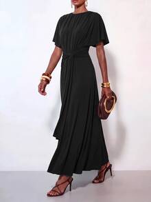 Zivah Women's Solid Color Round Neck Short Sleeve Waist Knot Elegant Long Dress - Black - View 7