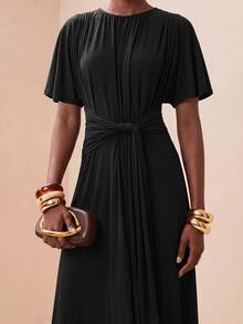 Zivah Women's Solid Color Round Neck Short Sleeve Waist Knot Elegant Long Dress - Black - View 11