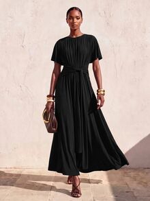 Zivah Women's Solid Color Round Neck Short Sleeve Waist Knot Elegant Long Dress - Black - View 10