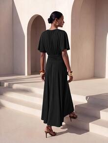 Zivah Women's Solid Color Round Neck Short Sleeve Waist Knot Elegant Long Dress - Black - View 2