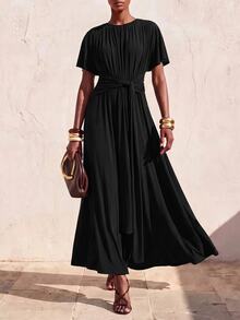 Zivah Women's Solid Color Round Neck Short Sleeve Waist Knot Elegant Long Dress - Black - View 5