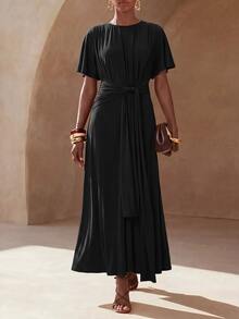 Zivah Women's Solid Color Round Neck Short Sleeve Waist Knot Elegant Long Dress - Black - View 6
