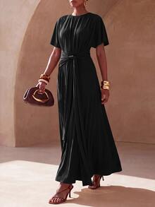 Zivah Women's Solid Color Round Neck Short Sleeve Waist Knot Elegant Long Dress - Black - View 8