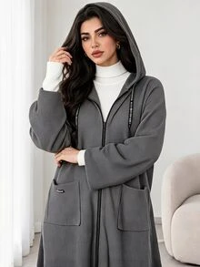 Solavon Plus Size Women's Dropped Shoulder Long Sleeve Zipper Front Pocket Casual Baggy Capsule Hooded Jacket Holiday Going Out Formal Grey Fall - Grey - View 9