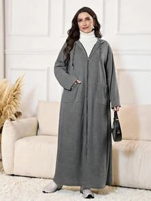 Solavon Plus Size Women's Dropped Shoulder Long Sleeve Zipper Front Pocket Casual Baggy Capsule Hooded Jacket Holiday Going Out Formal Grey Fall - Grey - View 2