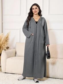 Solavon Plus Size Women's Dropped Shoulder Long Sleeve Zipper Front Pocket Casual Baggy Capsule Hooded Jacket Holiday Going Out Formal Grey Fall - Grey - View 11